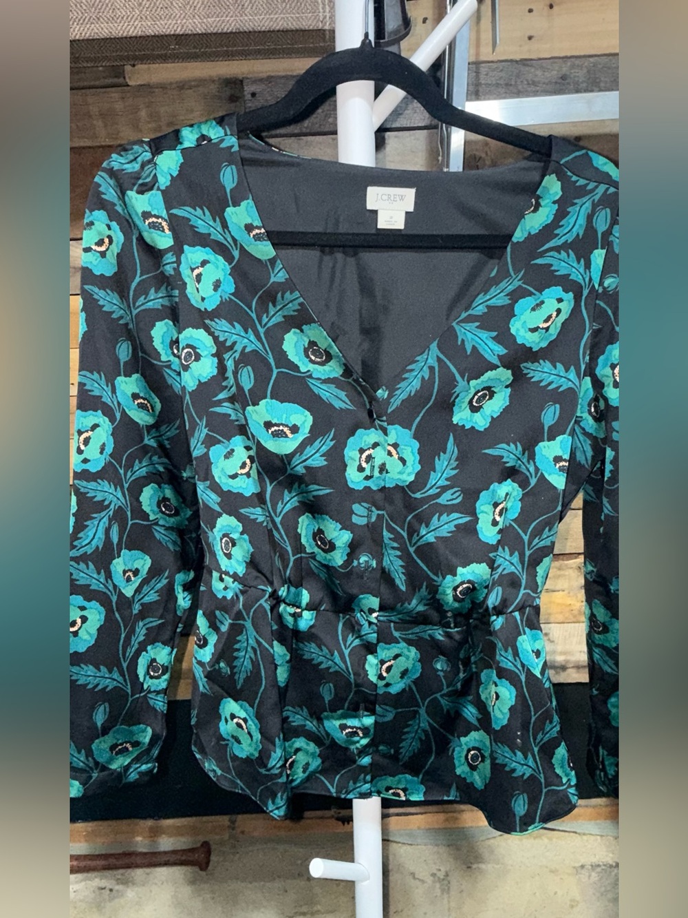 J. Crew Black Long-Sleeve Dress with Teal Floral Print